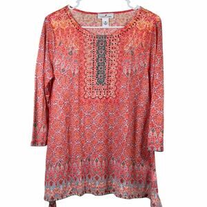 Larky Lark Shirt Womens M 3/4 Sleeve Coral Blue Rhinestone Tunic Boho Round Neck